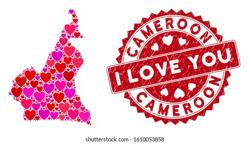 Love collage Cameroon map and grunge stamp watermark with I Love You caption. Cameroon map collage formed with random red heart elements. Red round I Love You watermark with grunge texture.