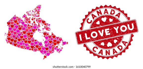 Love collage Canada map and rubber stamp seal with I Love You text. Canada map collage formed with random red heart symbols. Red rounded I Love You seal stamp with grunge texture.