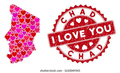 Love collage Chad map and grunge stamp seal with I Love You phrase. Chad map collage created with random red heart icons. Red round I Love You seal stamp with unclean texture.