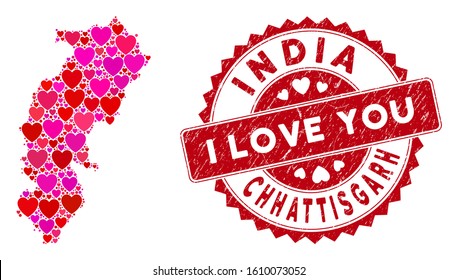 Love collage Chhattisgarh State map and corroded stamp watermark with I Love You words. Chhattisgarh State map collage formed with random red heart elements.