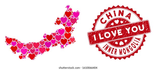 Love collage Chinese Inner Mongolia map and rubber stamp watermark with I Love You words. Chinese Inner Mongolia map collage formed with randomized red heart elements.