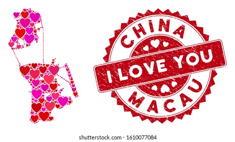 Love collage Chinese Macau map and corroded stamp seal with I Love You text. Chinese Macau map collage formed with randomized red heart symbols. Red rounded I Love You seal stamp with unclean texture.
