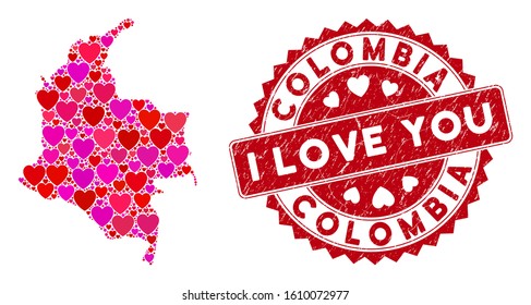 Love collage Colombia map and corroded stamp seal with I Love You badge. Colombia map collage designed with randomized red heart icons. Red round I Love You seal stamp with unclean texture.