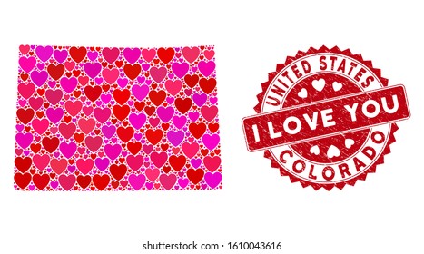Love collage Colorado State map and rubber stamp seal with I Love You words. Colorado State map collage constructed with scattered red heart items.