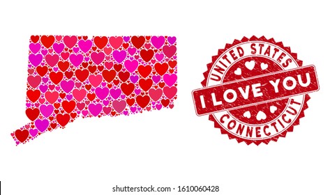 Love collage Connecticut State map and corroded stamp watermark with I Love You badge. Connecticut State map collage formed with random red heart symbols.