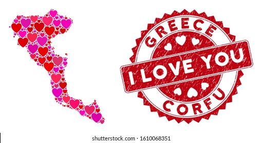 Love collage Corfu Island map and distressed stamp watermark with I Love You words. Corfu Island map collage created with scattered red heart icons.