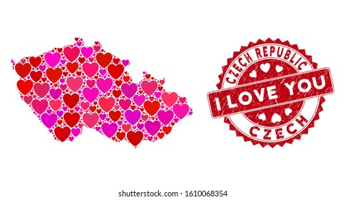 Love collage Czech map and distressed stamp watermark with I Love You message. Czech map collage created with random red heart items. Red round I Love You stamp with dirty texture.