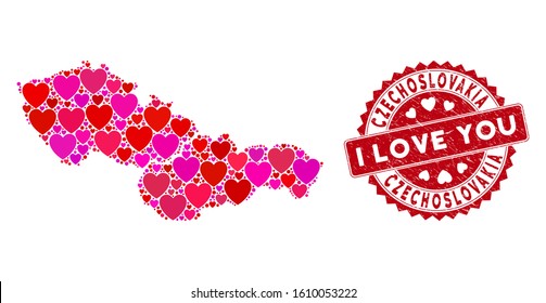 Love collage Czechoslovakia map and rubber stamp watermark with I Love You badge. Czechoslovakia map collage designed with randomized red heart items.