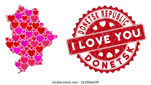 Love collage Donetsk Republic map and corroded stamp seal with I Love You words. Donetsk Republic map collage created with randomized red heart icons.
