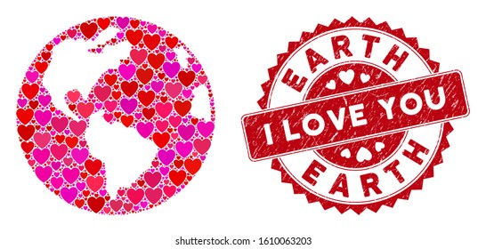Love collage Earth globe and corroded stamp watermark with I Love You text. Earth globe collage designed with scattered red heart items. Red round I Love You stamp with unclean texture.