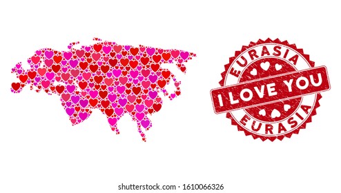 Love collage Eurasia map and corroded stamp seal with I Love You words. Eurasia map collage created with scattered red heart elements. Red round I Love You seal stamp with dirty texture.