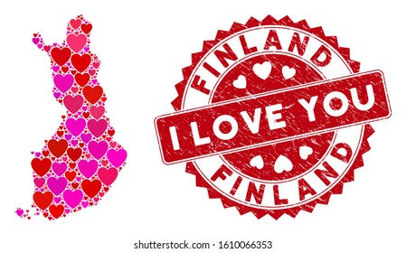Love collage Finland map and grunge stamp watermark with I Love You badge. Finland map collage composed with random red heart symbols. Red round I Love You stamp with unclean texture.