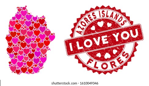 Love collage Flores Island of Azores map and corroded stamp seal with I Love You caption. Flores Island of Azores map collage created with random red heart icons.