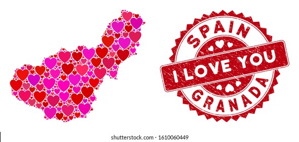 Love collage Granada Province map and rubber stamp watermark with I Love You text. Granada Province map collage formed with random red heart symbols.