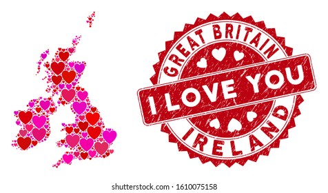 Love collage Great Britain and Ireland map and distressed stamp watermark with I Love You badge. Great Britain and Ireland map collage constructed with random red heart symbols.