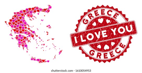 Love collage Greece map and corroded stamp watermark with I Love You text. Greece map collage composed with random red heart items. Red round I Love You seal stamp with scratched texture.