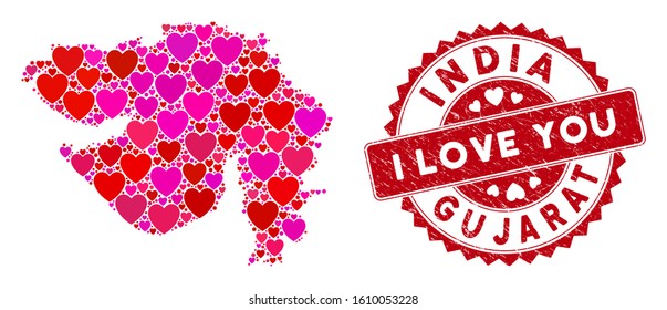 Love collage Gujarat State map and rubber stamp watermark with I Love You message. Gujarat State map collage formed with scattered red heart icons.