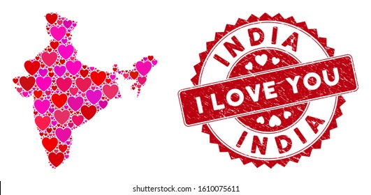 Love collage India map and rubber stamp seal with I Love You words. India map collage composed with randomized red heart symbols. Red round I Love You seal with scratched texture.