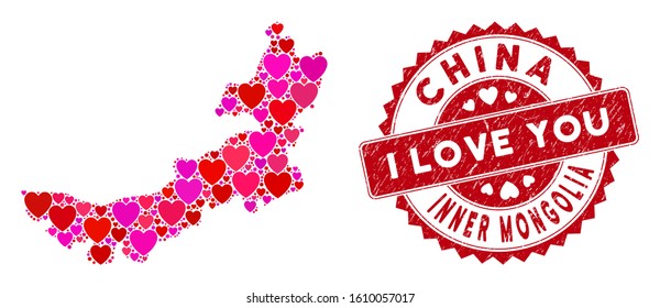 Love collage Inner Mongolia map and rubber stamp seal with I Love You badge. Inner Mongolia map collage composed with random red heart items. Red rounded I Love You seal stamp with distress texture.