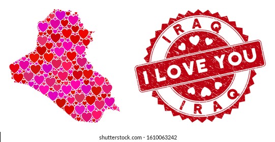 Love collage Iraq map and rubber stamp seal with I Love You caption. Iraq map collage composed with scattered red heart icons. Red rounded I Love You seal with unclean texture.