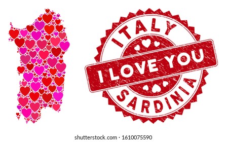 Love collage Italian Sardinia Island map and grunge stamp seal with I Love You words. Italian Sardinia Island map collage constructed with scattered red heart elements.