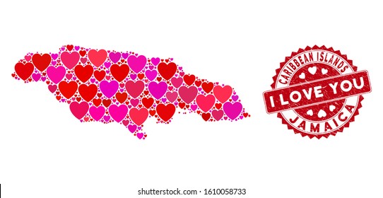 Love collage Jamaica map and distressed stamp seal with I Love You words. Jamaica map collage designed with scattered red heart elements. Red round I Love You stamp with distress texture.