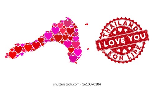 Love collage Koh Lipe map and distressed stamp watermark with I Love You text. Koh Lipe map collage formed with scattered red heart elements. Red rounded I Love You watermark with unclean texture.