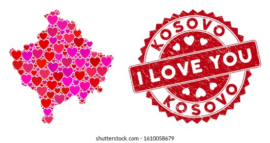 Love collage Kosovo map and grunge stamp watermark with I Love You text. Kosovo map collage composed with scattered red heart icons. Red round I Love You stamp with grunge texture.