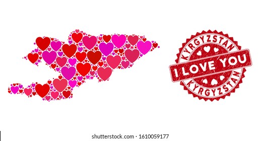 Love collage Kyrgyzstan map and grunge stamp seal with I Love You phrase. Kyrgyzstan map collage composed with randomized red heart items. Red rounded I Love You seal stamp with unclean texture.