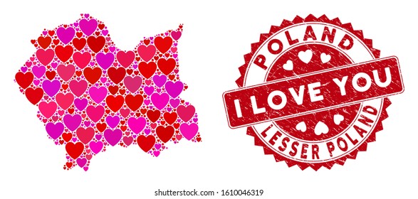 Love collage Lesser Poland Voivodeship map and rubber stamp seal with I Love You text. Lesser Poland Voivodeship map collage formed with random red heart elements.