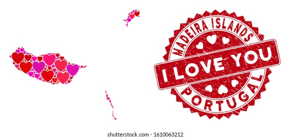 Love collage Madeira Islands map and distressed stamp watermark with I Love You caption. Madeira Islands map collage formed with scattered red heart elements.