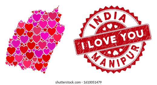 Love collage Manipur State map and grunge stamp watermark with I Love You badge. Manipur State map collage designed with randomized red heart icons. Red rounded I Love You stamp with grunge texture.