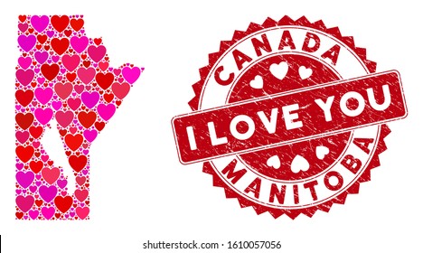 Love collage Manitoba Province map and distressed stamp watermark with I Love You phrase. Manitoba Province map collage formed with random red heart icons.