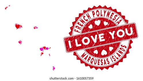 Love collage Marquesas Islands map and corroded stamp watermark with I Love You words. Marquesas Islands map collage composed with random red heart symbols.