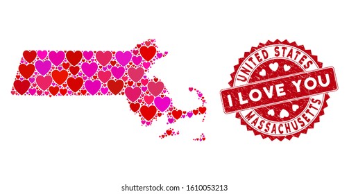 Love collage Massachusetts State map and grunge stamp seal with I Love You words. Massachusetts State map collage designed with random red heart elements.
