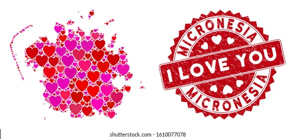 Love collage Micronesia island map and corroded stamp seal with I Love You caption. Micronesia island map collage formed with random red heart items.