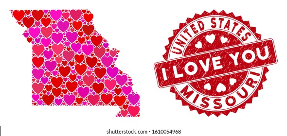 Love collage Missouri State map and corroded stamp watermark with I Love You badge. Missouri State map collage constructed with scattered red heart items.