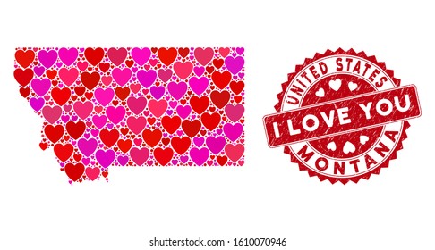 Love collage Montana State map and corroded stamp seal with I Love You message. Montana State map collage composed with scattered red heart elements. Red rounded I Love You stamp with grunge texture.