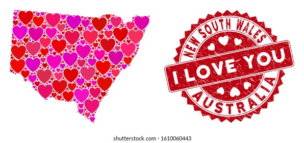 Love collage New South Wales map and distressed stamp seal with I Love You message. New South Wales map collage designed with randomized red heart icons.