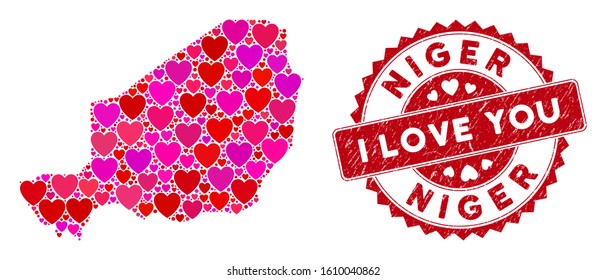 Love collage Niger map and distressed stamp seal with I Love You message. Niger map collage formed with random red heart items. Red round I Love You seal stamp with distress texture.