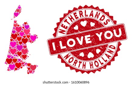 Love collage North Holland map and grunge stamp seal with I Love You words. North Holland map collage composed with random red heart icons. Red round I Love You seal stamp with distress texture.