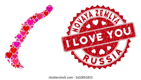 Love collage Novaya Zemlya Islands map and grunge stamp seal with I Love You message. Novaya Zemlya Islands map collage created with randomized red heart items.