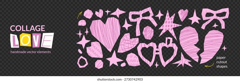 Love collage pattern. Scrapbook heart paper cutouts. Set of sticker, broken heart icons and a couple locket shape for valentine. Vector pink textured cut star and bow element for craft scraps isolated