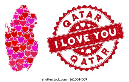 Love collage Qatar map and corroded stamp seal with I Love You badge. Qatar map collage formed with scattered red heart items. Red rounded I Love You seal stamp with grunge texture.