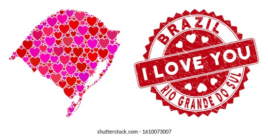 Love collage Rio Grande do Sul State map and grunge stamp seal with I Love You badge. Rio Grande do Sul State map collage created with scattered red heart items.