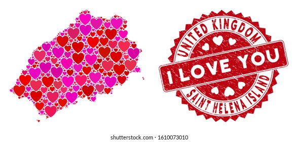 Love collage Saint Helena Island map and grunge stamp watermark with I Love You badge. Saint Helena Island map collage created with randomized red heart icons.