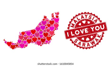 Love collage Sarawak State map and distressed stamp seal with I Love You text. Sarawak State map collage constructed with randomized red heart elements.
