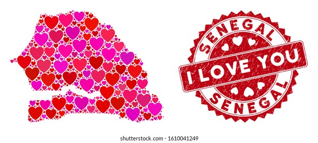 Love collage Senegal map and rubber stamp seal with I Love You words. Senegal map collage formed with scattered red heart symbols. Red round I Love You seal stamp with distress texture.