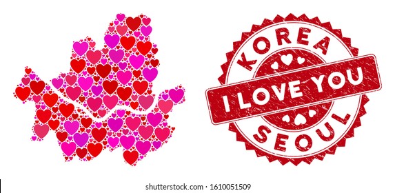 Love collage Seoul city map and corroded stamp seal with I Love You phrase. Seoul city map collage constructed with random red heart elements. Red rounded I Love You seal stamp with distress texture.