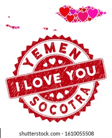 Love collage Socotra Archipelago map and corroded stamp watermark with I Love You phrase. Socotra Archipelago map collage formed with scattered red heart symbols.